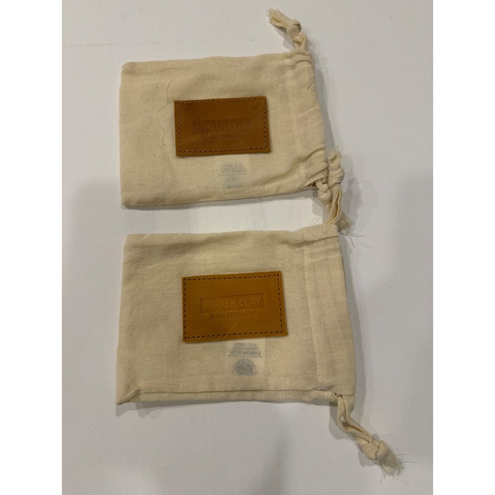 Parker Clay Set of 2 Small Cotton Drawstring Dust Bags Leather Logo Cream 6.5x5